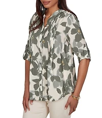 Ruby Rd. Silky Voile Shadow Floral Split V-Neck 3/4 Sleeve Pleated Button Front Shirt