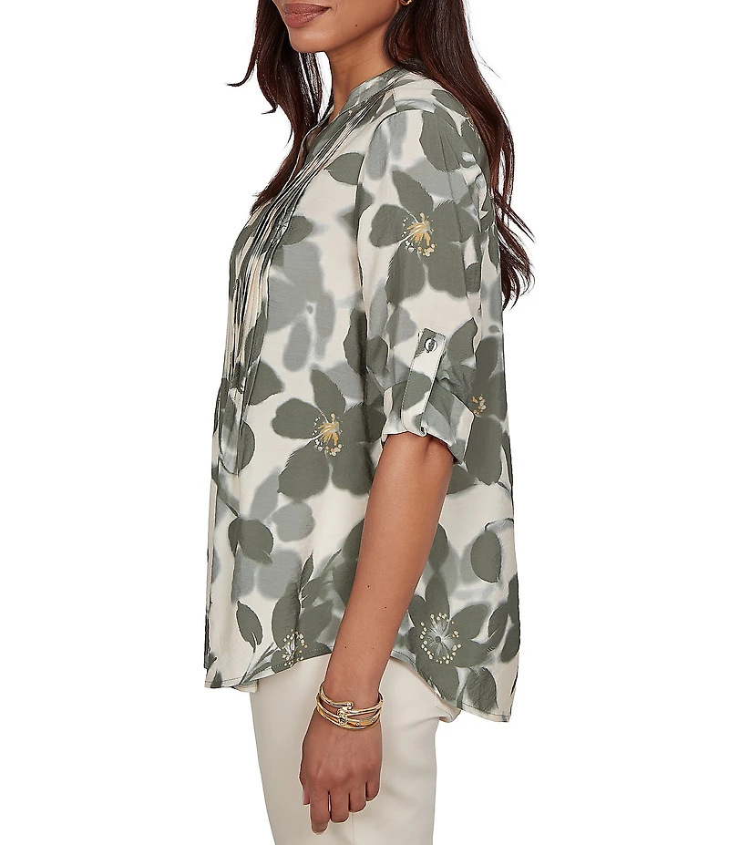 Ruby Rd. Silky Voile Shadow Floral Split V-Neck 3/4 Sleeve Pleated Button Front Shirt