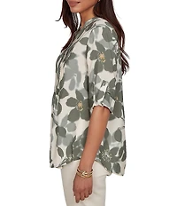 Ruby Rd. Silky Voile Shadow Floral Split V-Neck 3/4 Sleeve Pleated Button Front Shirt