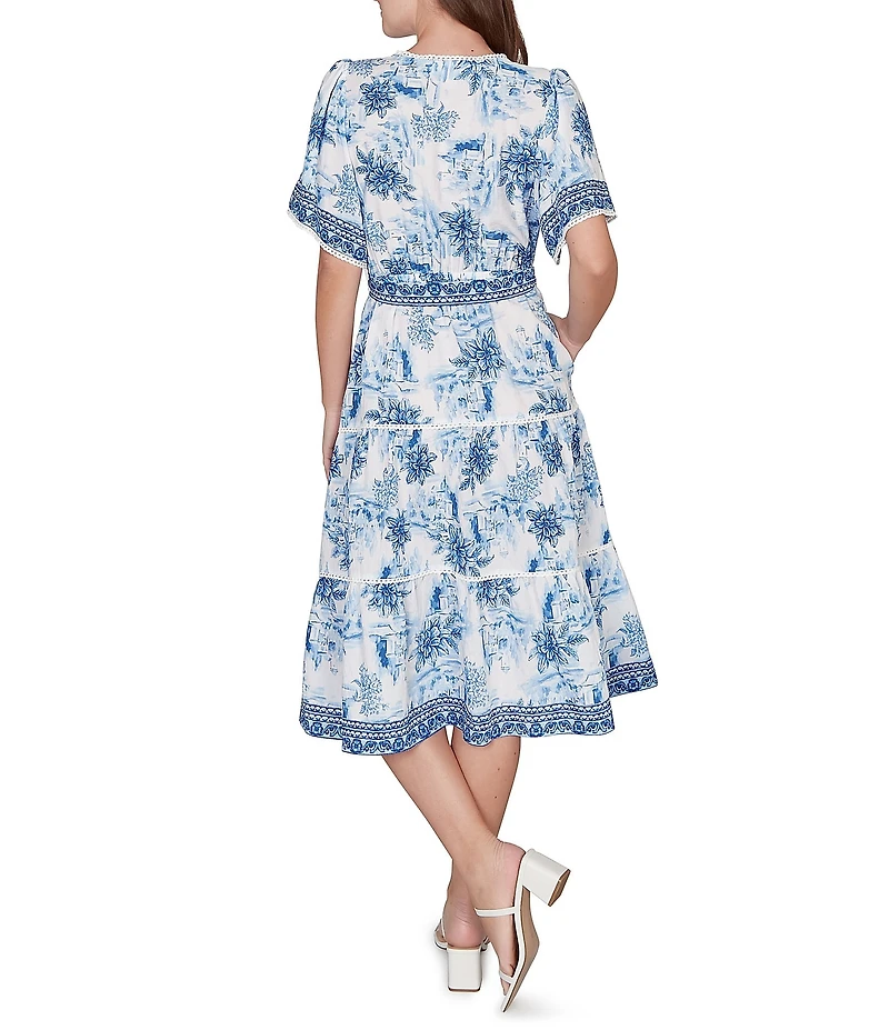 Ruby Rd. Silky Voile Toile Border Print Split Round V-Neck Short Sleeve Belted Midi Dress