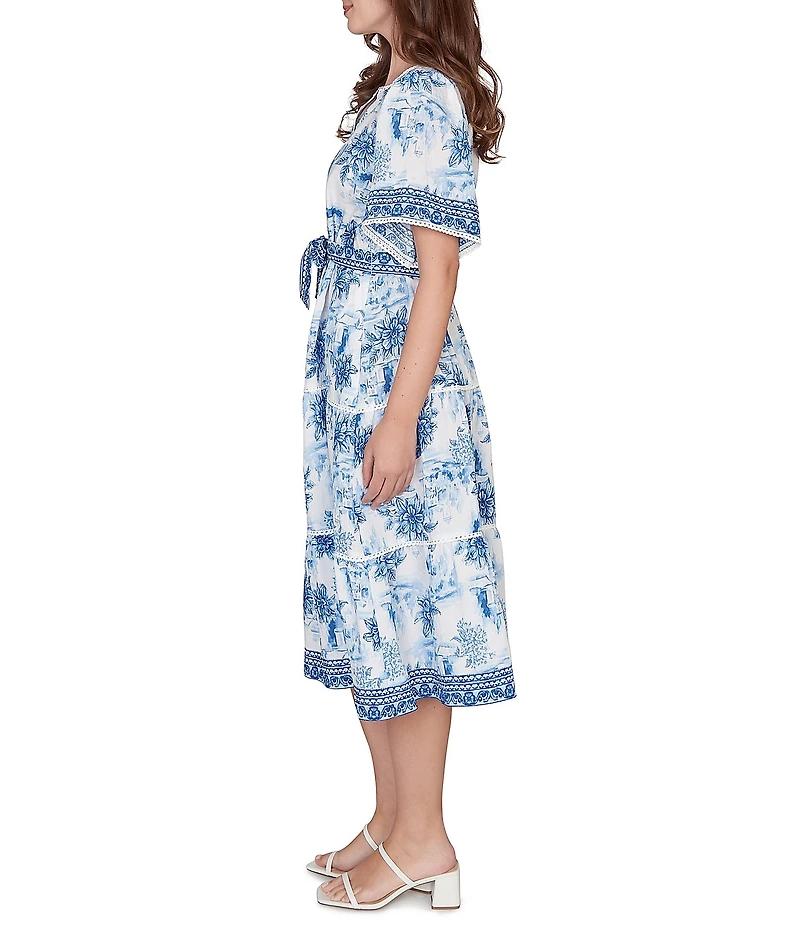 Ruby Rd. Silky Voile Toile Border Print Split Round V-Neck Short Sleeve Belted Midi Dress