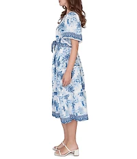 Ruby Rd. Silky Voile Toile Border Print Split Round V-Neck Short Sleeve Belted Midi Dress