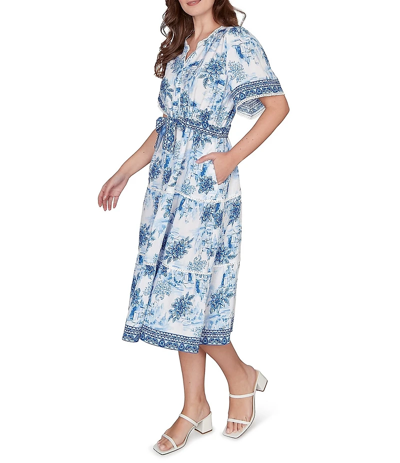 Ruby Rd. Silky Voile Toile Border Print Split Round V-Neck Short Sleeve Belted Midi Dress