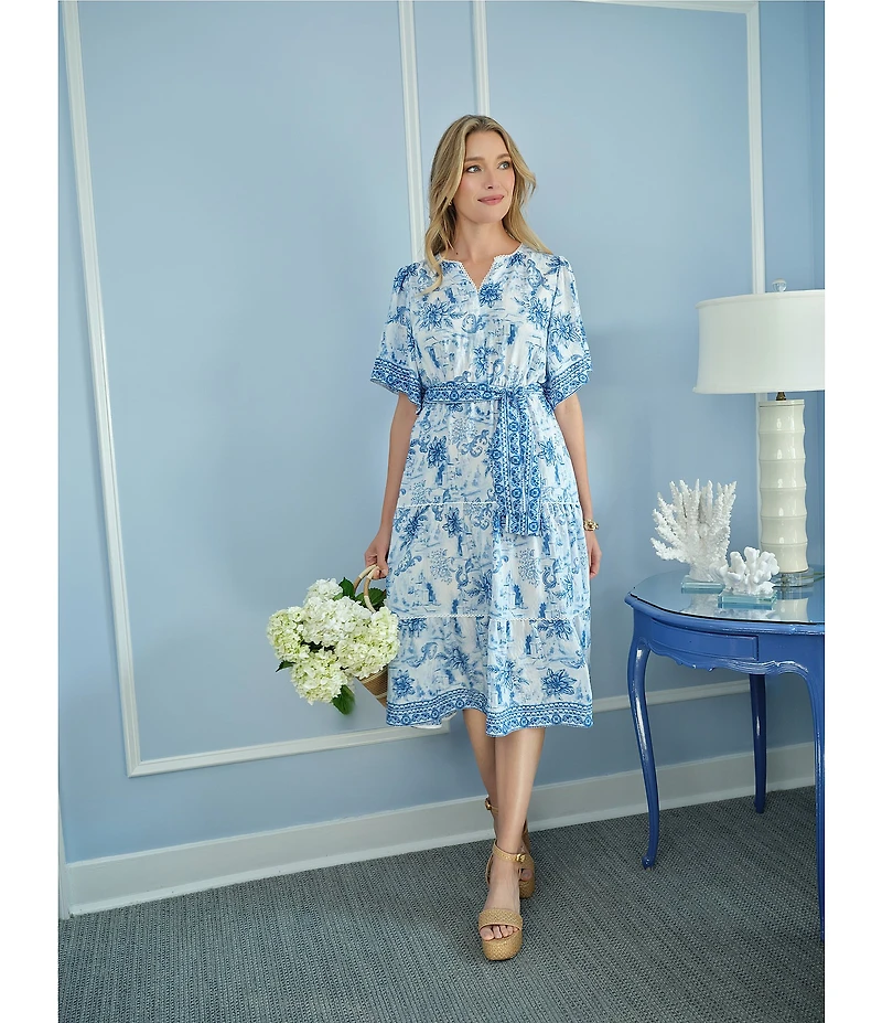 Ruby Rd. Silky Voile Toile Border Print Split Round V-Neck Short Sleeve Belted Midi Dress