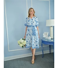 Ruby Rd. Silky Voile Toile Border Print Split Round V-Neck Short Sleeve Belted Midi Dress