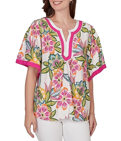 Ruby Rd. Silky Voile Tropical Floral Split V-Neck Elbow Sleeve Blouse