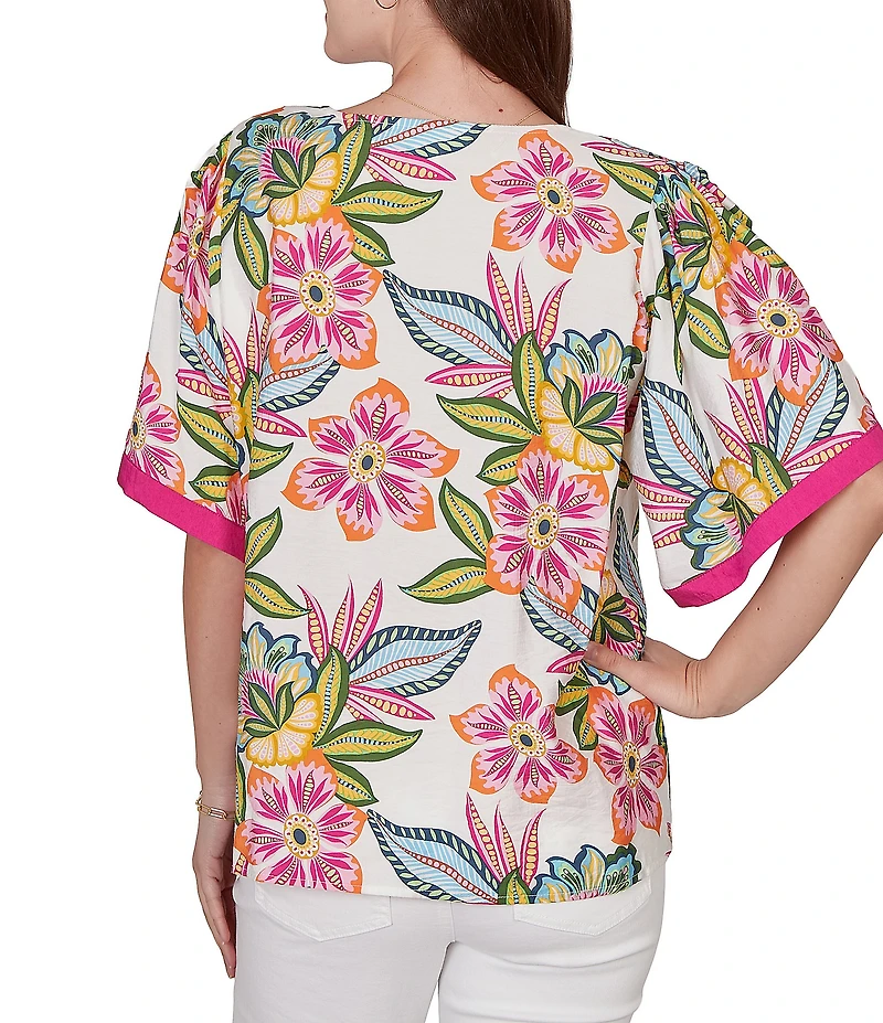 Ruby Rd. Silky Voile Tropical Floral Split V-Neck Elbow Sleeve Blouse