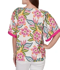 Ruby Rd. Silky Voile Tropical Floral Split V-Neck Elbow Sleeve Blouse