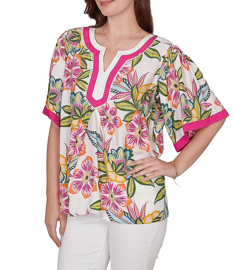 Ruby Rd. Silky Voile Tropical Floral Split V-Neck Elbow Sleeve Blouse