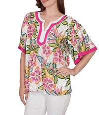 Ruby Rd. Silky Voile Tropical Floral Split V-Neck Elbow Sleeve Blouse