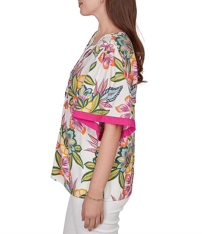 Ruby Rd. Silky Voile Tropical Floral Split V-Neck Elbow Sleeve Blouse