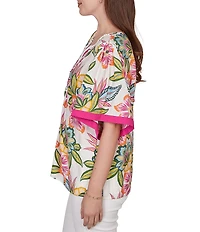 Ruby Rd. Silky Voile Tropical Floral Split V-Neck Elbow Sleeve Blouse