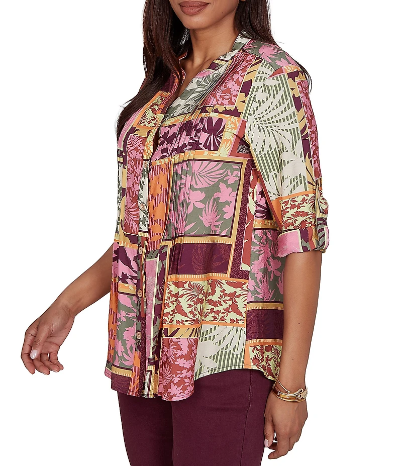 Ruby Rd. Silky Voile Woven Patchwork Tropical Print Split V-Neck 3/4 Roll-Tab Sleeve Button Front Shirt