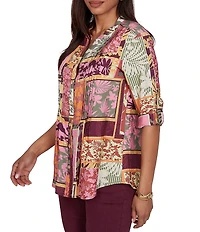 Ruby Rd. Silky Voile Woven Patchwork Tropical Print Split V-Neck 3/4 Roll-Tab Sleeve Button Front Shirt