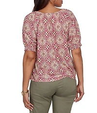 Ruby Rd. Slub Jersey Geometric Scoop Neck Short Sleeve Lace Inset Top