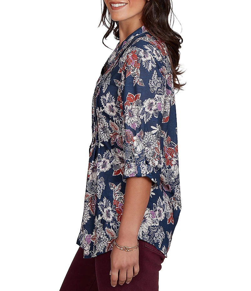 Ruby Rd. Slub Jersey Kensington Inspired Floral Split V-Neck Elbow Roll-Tab Sleeve Button-Front Shirt