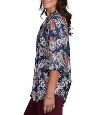 Ruby Rd. Slub Jersey Kensington Inspired Floral Split V-Neck Elbow Roll-Tab Sleeve Button-Front Shirt