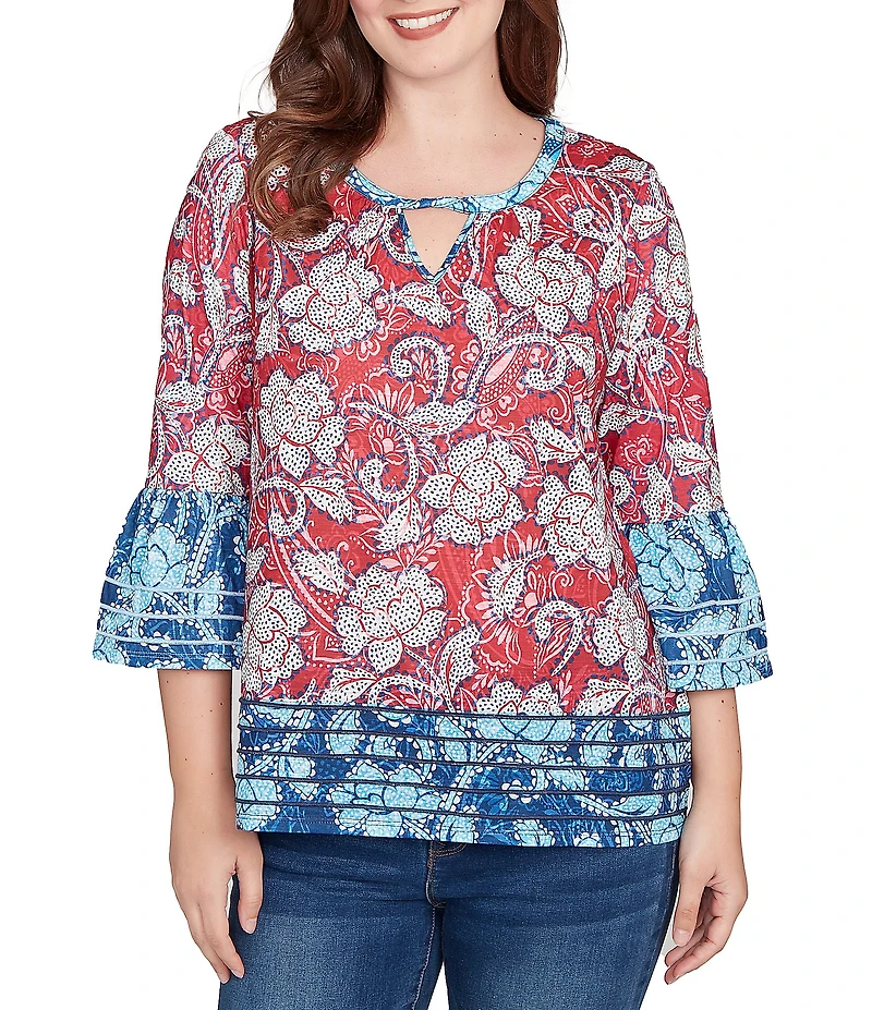 Ruby Rd. Slub Jersey Knit Floral Keyhole Neck 3/4 Sleeve Top