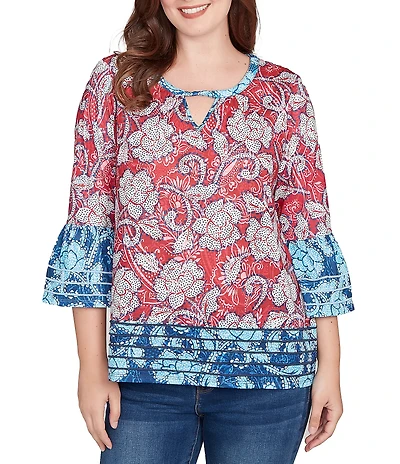 Ruby Rd. Slub Jersey Knit Floral Keyhole Neck 3/4 Sleeve Top