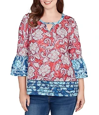Ruby Rd. Slub Jersey Knit Floral Keyhole Neck 3/4 Sleeve Top