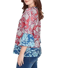 Ruby Rd. Slub Jersey Knit Floral Keyhole Neck 3/4 Sleeve Top