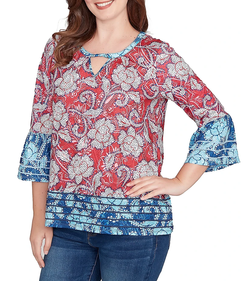 Ruby Rd. Slub Jersey Knit Floral Keyhole Neck 3/4 Sleeve Top