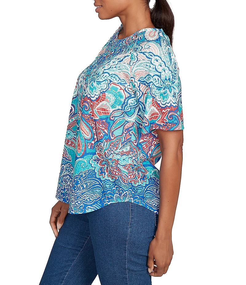 Ruby Rd. Slub Jersey Knit Paisley Border Print Scoop Neck Short Sleeve Tee