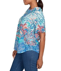Ruby Rd. Slub Jersey Knit Paisley Border Print Scoop Neck Short Sleeve Tee