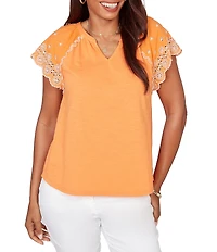 Ruby Rd. Slub Knit Split V-Neck Short Embroidered Sleeve Top