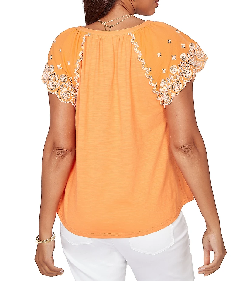 Ruby Rd. Slub Knit Split V-Neck Short Embroidered Sleeve Top