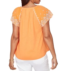 Ruby Rd. Slub Knit Split V-Neck Short Embroidered Sleeve Top