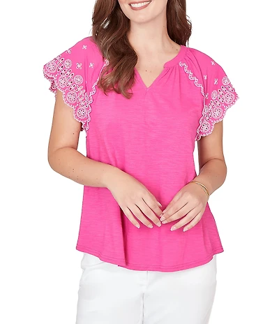 Ruby Rd. Slub Knit Split V-Neck Short Embroidered Sleeve Top