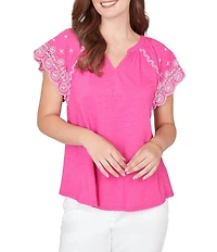 Ruby Rd. Slub Knit Split V-Neck Short Embroidered Sleeve Top