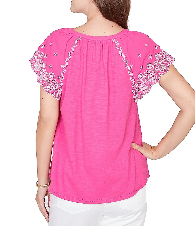 Ruby Rd. Slub Knit Split V-Neck Short Embroidered Sleeve Top