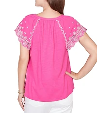 Ruby Rd. Slub Knit Split V-Neck Short Embroidered Sleeve Top