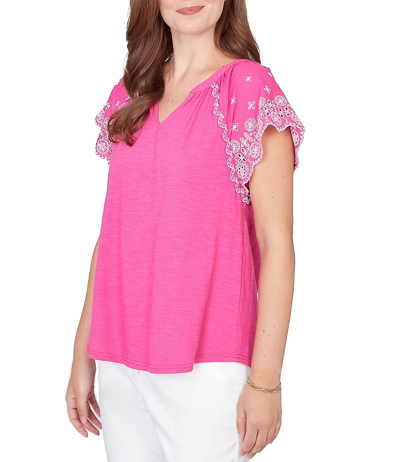 Ruby Rd. Slub Knit Split V-Neck Short Embroidered Sleeve Top