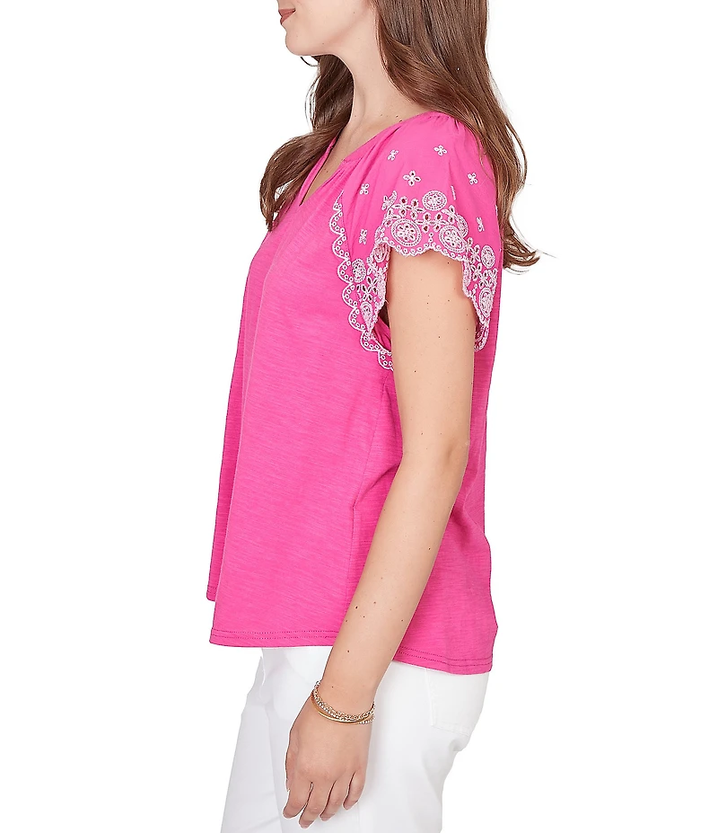Ruby Rd. Slub Knit Split V-Neck Short Embroidered Sleeve Top