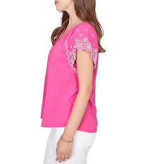 Ruby Rd. Slub Knit Split V-Neck Short Embroidered Sleeve Top