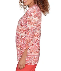 Ruby Rd. Slub Knit Woodblock V-Neck 3/4 Roll-Tab Sleeve Top