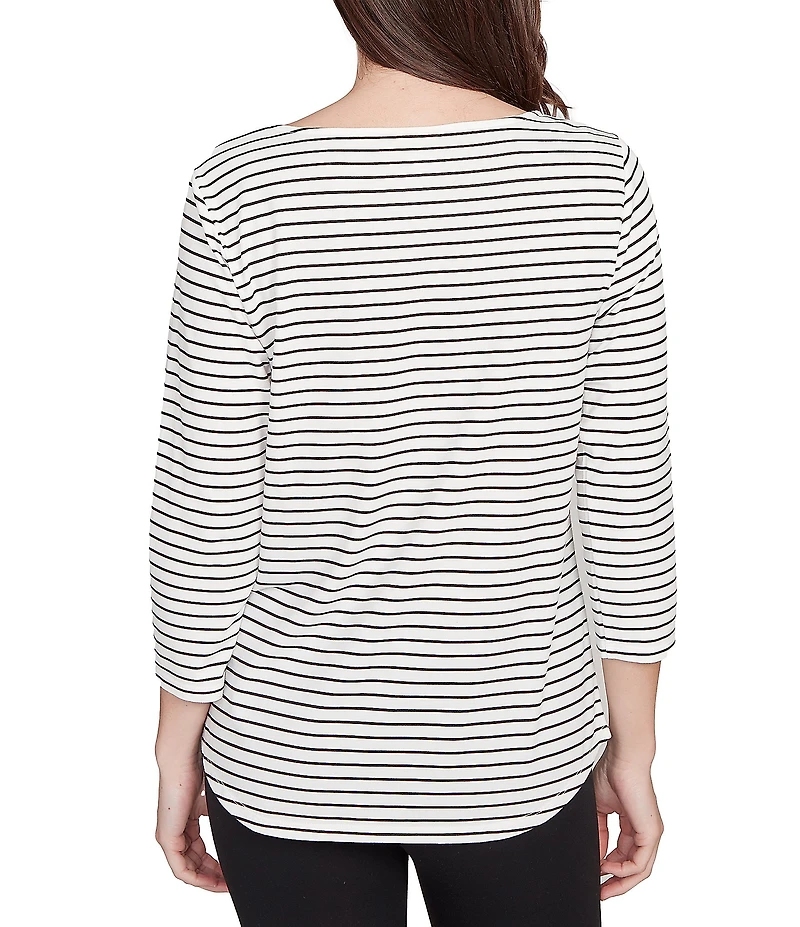 Ruby Rd. Soft Cotton Blend Boat Neck 3/4 Sleeve Pups Stripes Top