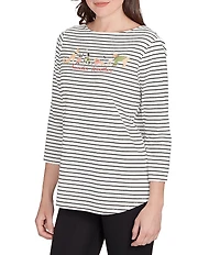 Ruby Rd. Soft Cotton Blend Boat Neck 3/4 Sleeve Pups Stripes Top