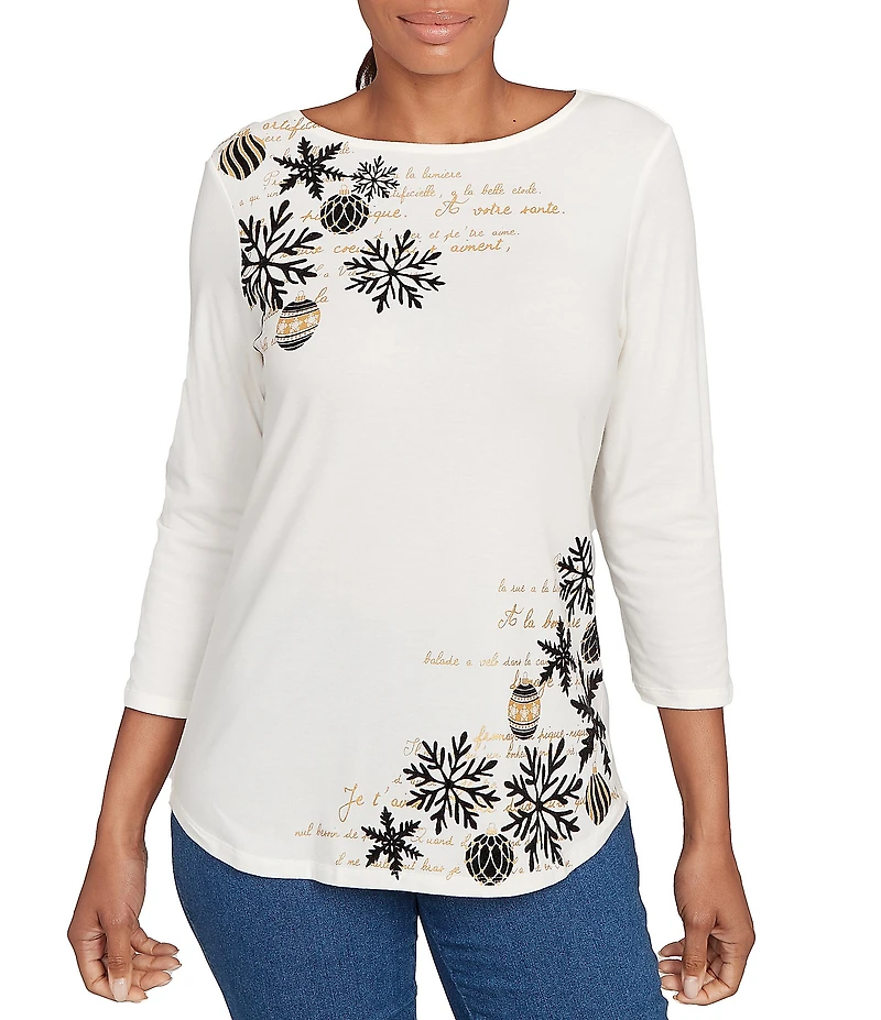 Ruby Rd. Soft Cotton Blend Snowflake Boat Neck 3/4 Sleeves Top