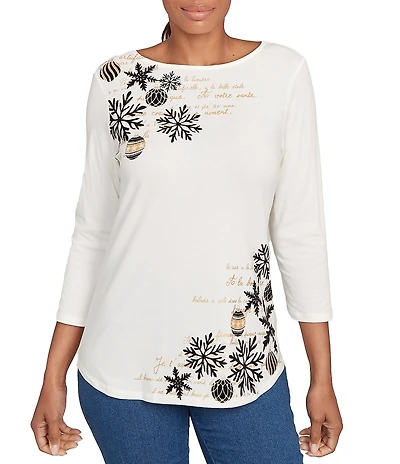 Ruby Rd. Soft Cotton Blend Snowflake Boat Neck 3/4 Sleeves Top