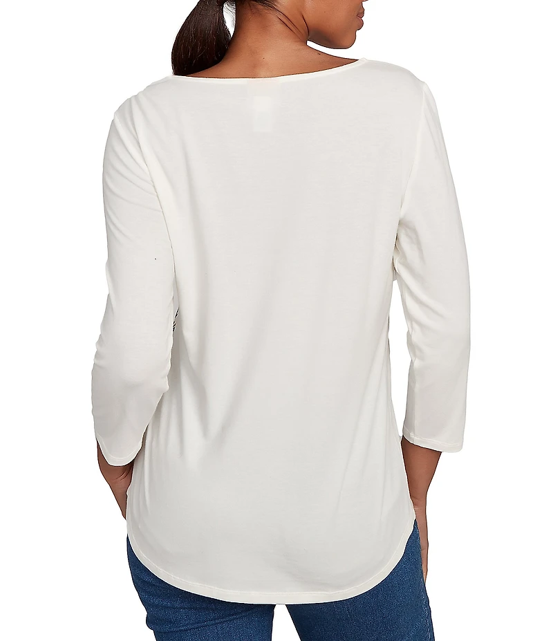 Ruby Rd. Soft Cotton Blend Snowflake Boat Neck 3/4 Sleeves Top