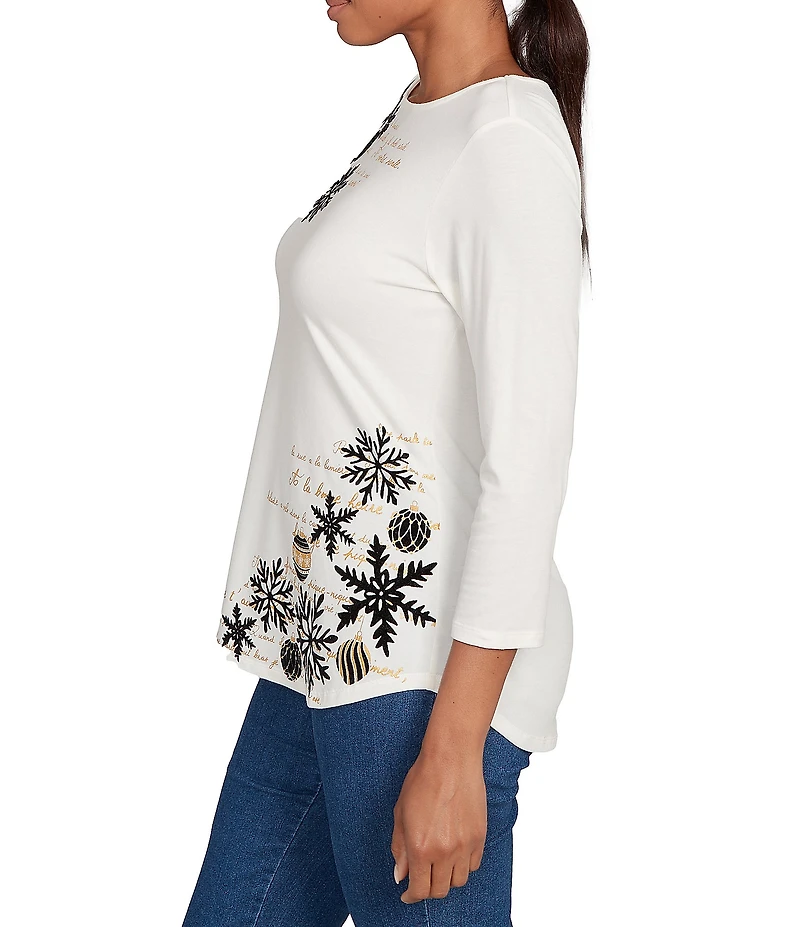 Ruby Rd. Soft Cotton Blend Snowflake Boat Neck 3/4 Sleeves Top
