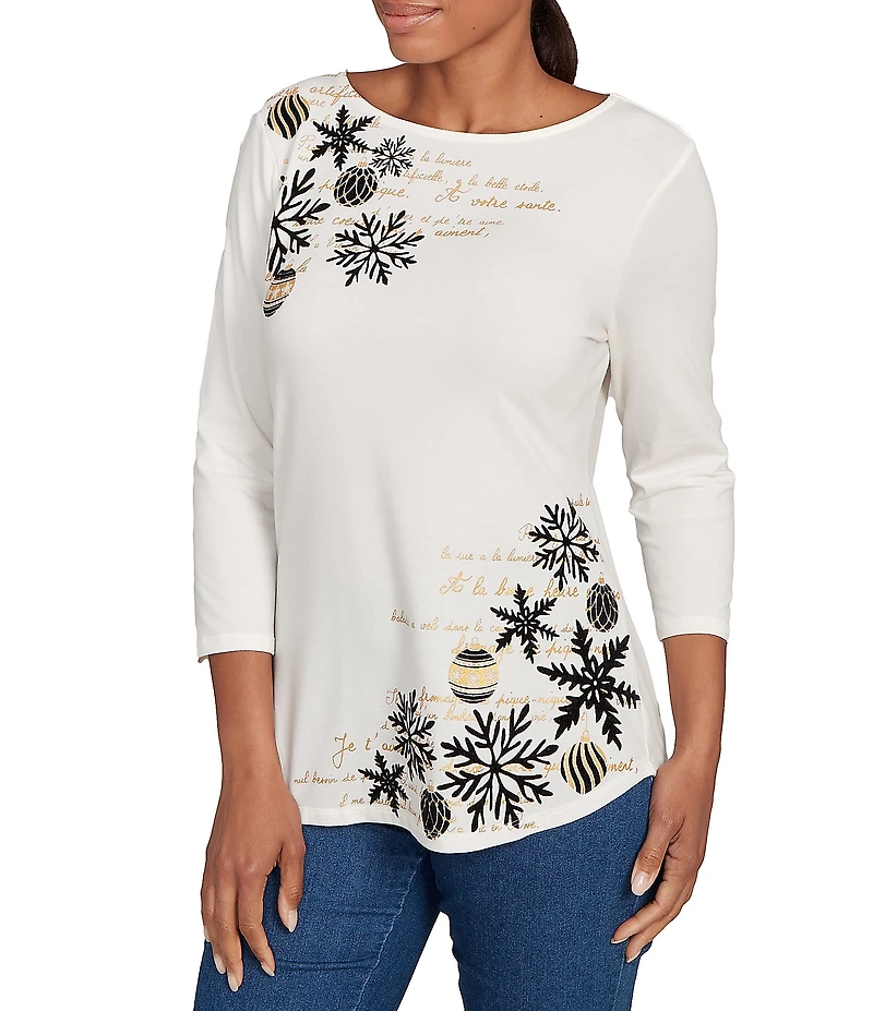 Ruby Rd. Soft Cotton Blend Snowflake Boat Neck 3/4 Sleeves Top