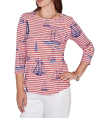 Ruby Rd. Soft Cotton Jersey Allover Sailboat Stripe Print Embroidered Accents Square Neck 3/4 Sleeve Top