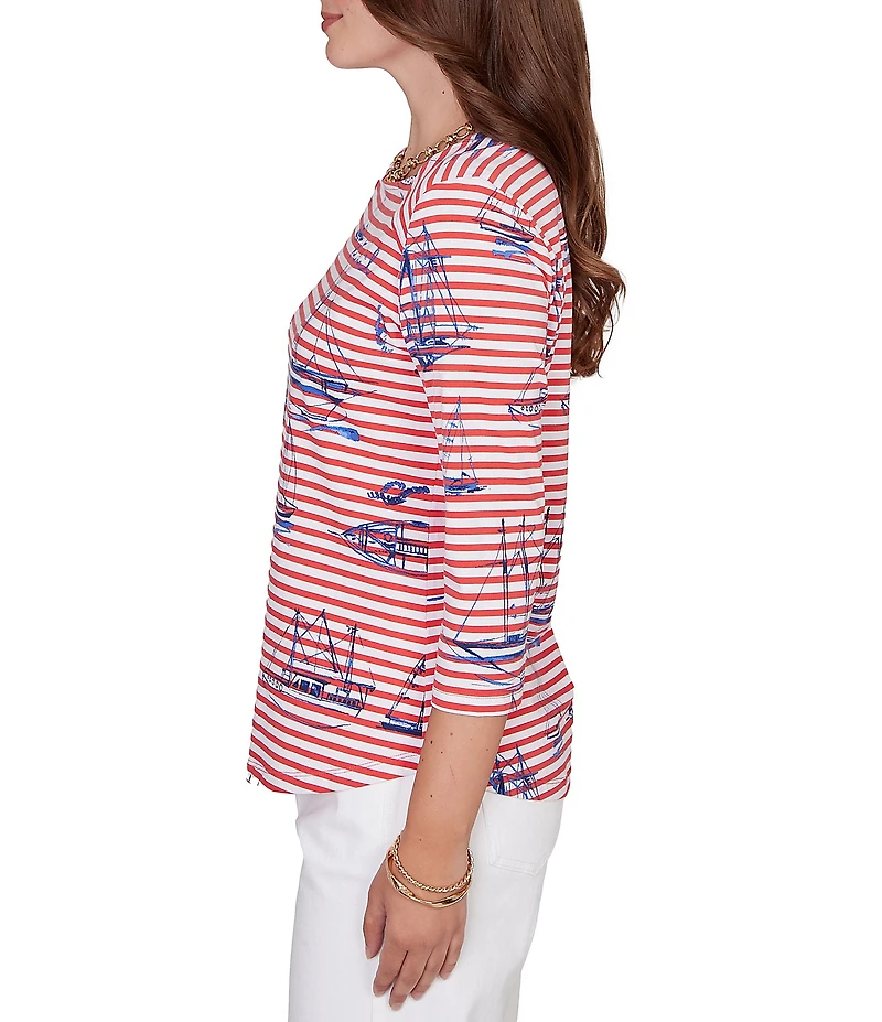Ruby Rd. Soft Cotton Jersey Allover Sailboat Stripe Print Embroidered Accents Square Neck 3/4 Sleeve Top