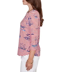 Ruby Rd. Soft Cotton Jersey Allover Sailboat Stripe Print Embroidered Accents Square Neck 3/4 Sleeve Top