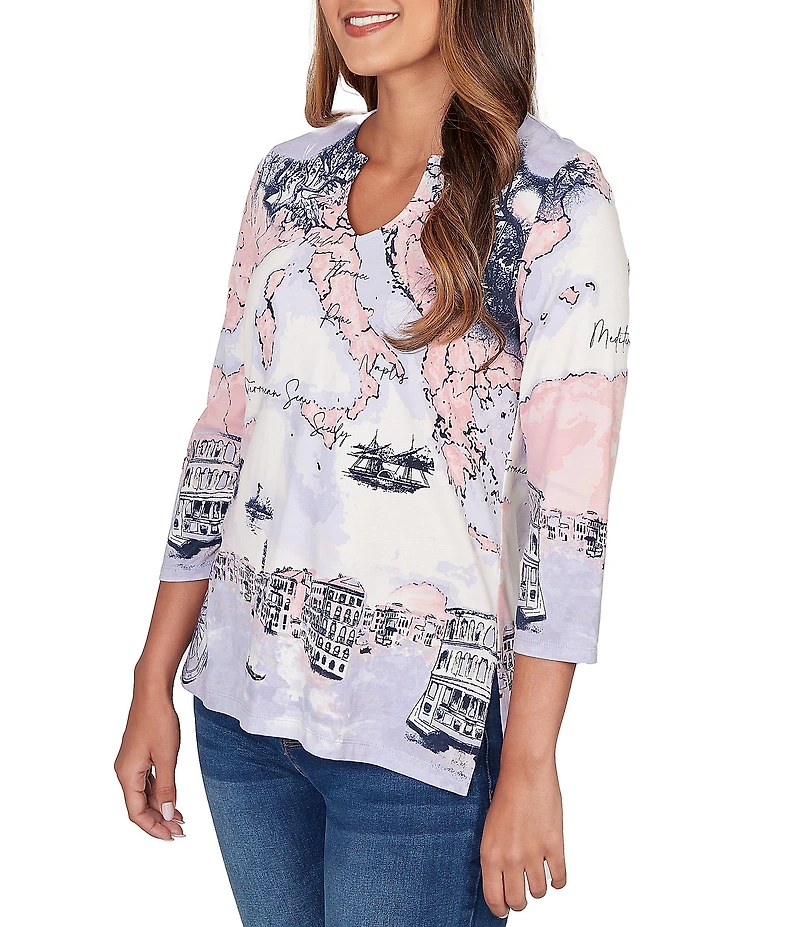 Ruby Rd. Soft Cotton Jersey Novelty Horseshoe Neck 3/4 Sleeve Excursion Top